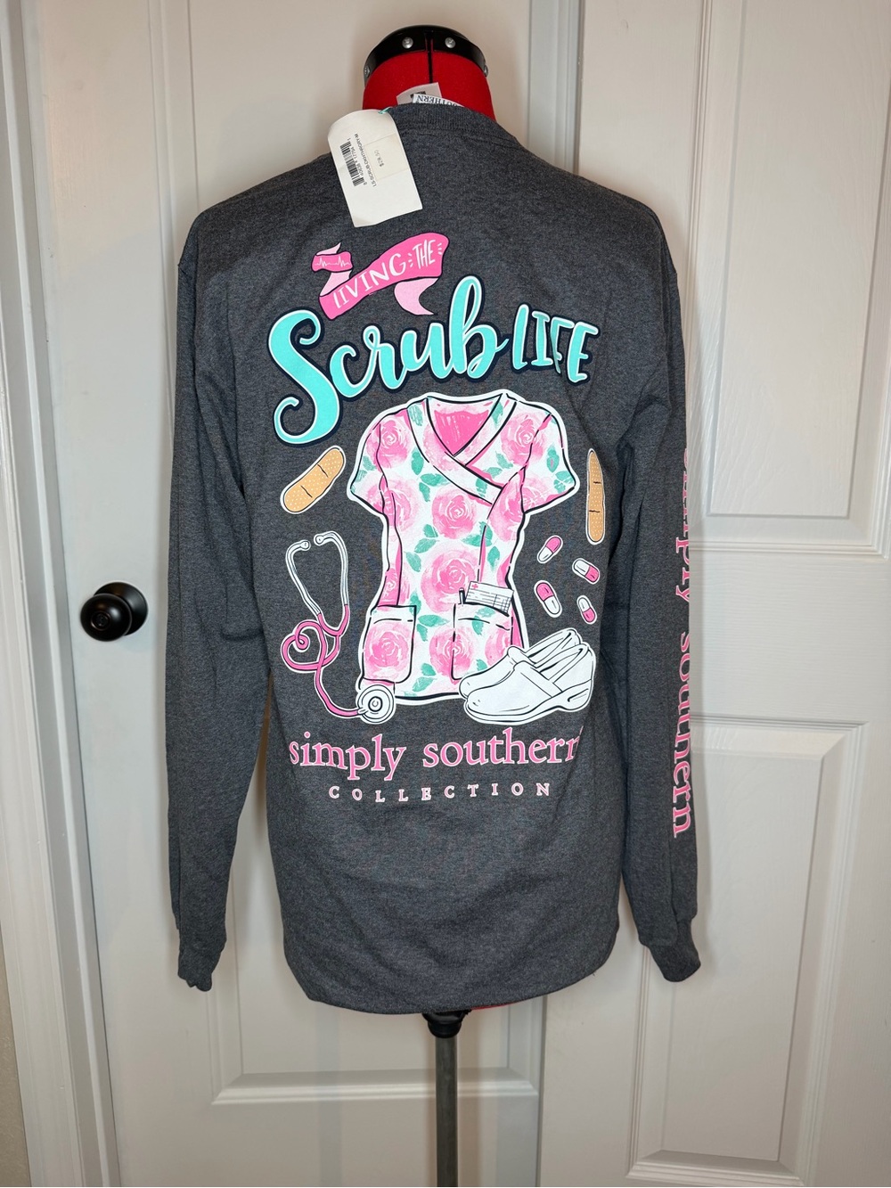 Simply Southern The Scrub Life Long Sleeve Tee Shirt Gray Pink Women M - NWT